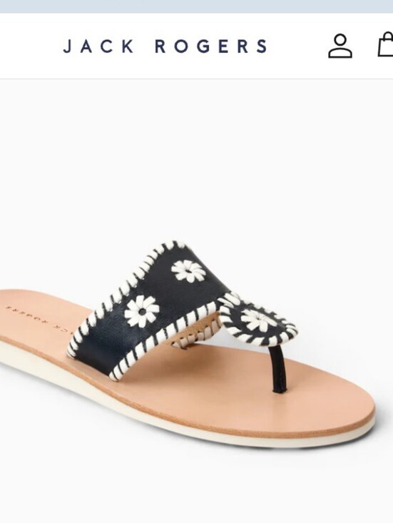 Jack Rogers Shoes - Jack Rogers Black and White Daisy-Embroidered Leather Thong Sandal